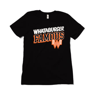 Black t-shirt with 'Whataburger Famous' text on a white background