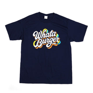 Navy blue t-shirt with 'Whataburger' colorful text design on a white background