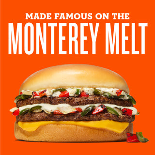 Monterey Melt burger with text on an orange background