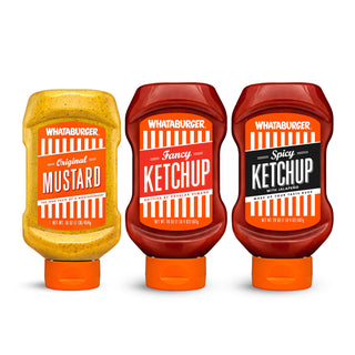 Legendary Trio On-White: Whataburger Fancy Ketchup, Whataburger Spicy Ketchup, Whataburger Original Mustard
