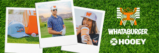 Polaroid photos of people wearing Hooey x Whataburger collaborative merch sitting on a grass background with logo