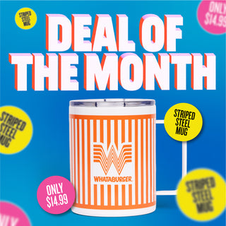 Promotional banner for a 'Deal of the Month' with a mug and colorful text on a blue background. Striped Steel Mug Only $14.99 through January 31st.