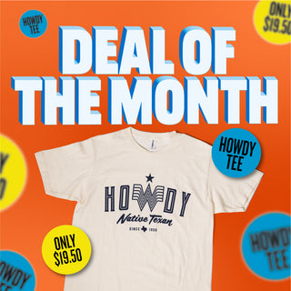 Beige t-shirt with 'Howdy Native Texan' design on an orange background with promotional text.