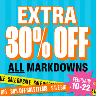 Promotional banner with 'Extra 30% Off All Markdowns' text on a blue background