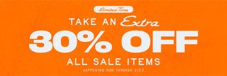 Promotional banner with 30% off discount on sale items, limited time offer.