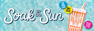 Promotional banner for Whataburger with 'Soak up the Sun' text and a cup pool float on a blue water background.