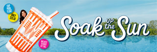Promotional banner for a pool float with a beach scene and text 'Soak Up the Sun'.