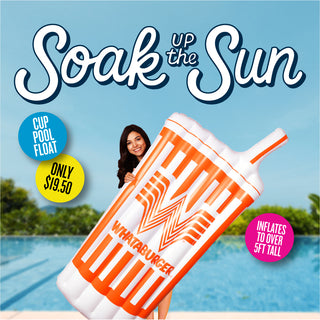 Promotional banner for a pool float with a beach scene and text 'Soak Up the Sun'.