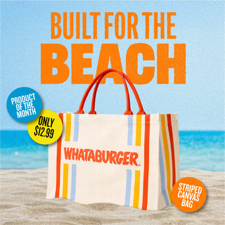 Whataburger beach bag with text 'Built for the Beach' on a beach background