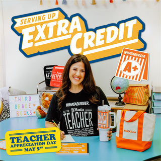 Person in a classroom setting with promotional materials for Teacher Appreciation Day.