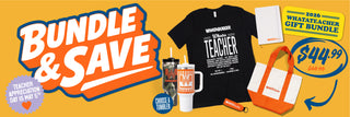 Promotional graphic for a teacher gift bundle with t-shirt, mug, tote bag, and more on a yellow background.