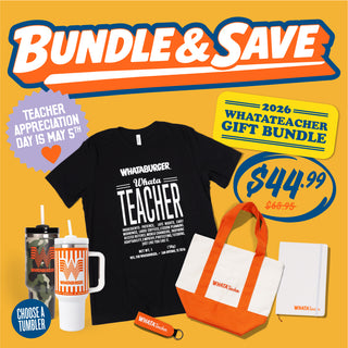 Promotional graphic for a teacher gift bundle with t-shirt, mug, tote bag, and more on a yellow background.