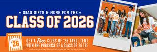 Promotional banner for graduation gifts with 'Class of 2026' theme, featuring text and images of people in graduation attire.