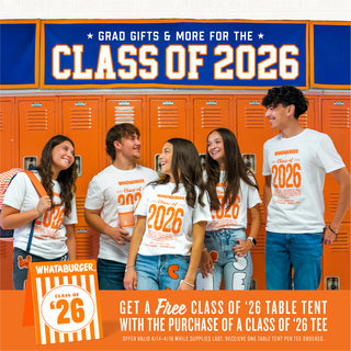 Group of high school students wearing 'Class of 2026' t-shirts in front of orange lockers with promotional banner.