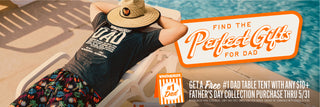 Person lounging by a pool with promotional text for Father's Day gifts.