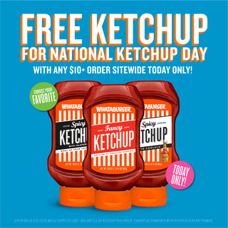 Promotional graphic for free ketchup with any $10+ order on a blue background