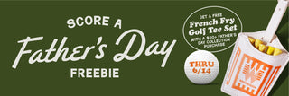 Promotional banner for a Father's Day freebie offer with golf-themed items on a green background.