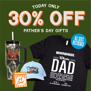 Promotional graphic for Father's Day gifts with a tumbler, cap, and t-shirt on a green background.