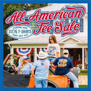 Promotional banner for an 'All-American Tee Sale' with people and a house in the background. All Tees for $17.76 through July 4th.