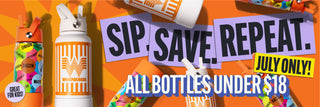 Promotional banner with water bottles and text on an orange background