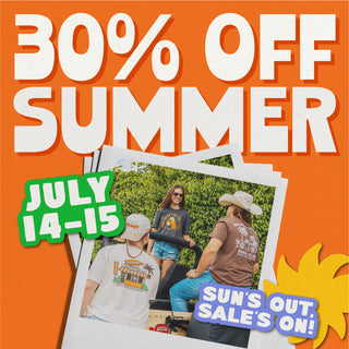 Promotional summer sale graphic with large white text reading '30% OFF SUMMER' on an orange background, a green badge reading 'JULY 14-15', a yellow sun icon, and a stack of polaroid-style photos showing people outdoors wearing branded t-shirts.