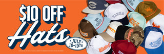 Promotional banner for a hat sale with large text reading '$10 OFF Hats' on an orange background and a cluster of assorted baseball caps on the right side.