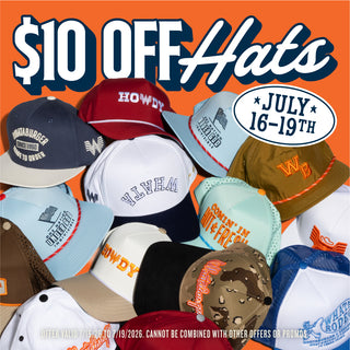 Promotional banner for a hat sale with large text reading '$10 OFF Hats' on an orange background and a cluster of assorted baseball caps on the right side.