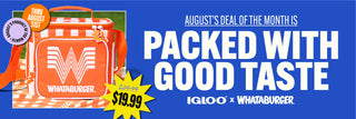 Promotional banner for an Igloo x Whataburger deal, featuring a bright orange Whataburger lunch bag on a red-and-white checkered picnic blanket, alongside large white text on a blue background reading 'Packed with Good Taste' and a yellow price tag showing $19.99.