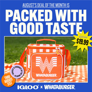 Promotional graphic for an Igloo x Whataburger lunch bag. The image features a bright orange and white striped Whataburger cooler bag on an orange-and-white checkered picnic blanket with a blurred green grass background.