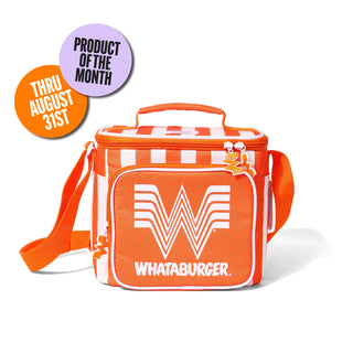 An orange and white striped Igloo x Whataburger insulated lunch bag with a front pocket featuring the brand's logo and a small decorative character charm, shown on a white background.