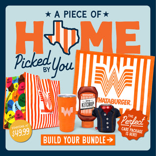 A promotional bundle graphic for Whataburger branded items, featuring a large orange-and-white striped bag, a matching tumbler, a bottle of ketchup, a small shirt, with bold text reading 'A PIECE OF HOME PICKED BY YOU' and 'BUILD YOUR BUNDLE'.