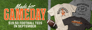 Promotional graphic for Whataburger football t-shirts showing three t-shirt designs (cream, gray, and black) with the Whataburger logo, alongside a football and text reading 'Made for GAMEDAY $19.50 FOOTBALL TEES IN SEPTEMBER' on a green turf background.