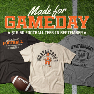 Three graphic football t-shirts displayed on a green turf background with a football prop. Large text at the top reads 'Made for GAMEDAY' and '$19.