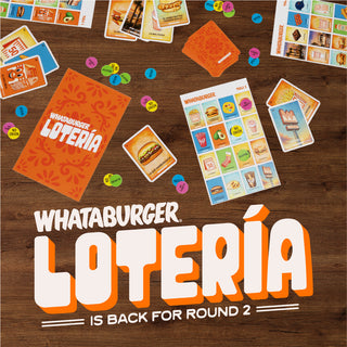 Whataburger Loteria set laid out with 'Whataburger Loteria is Back for Round Two' text on a wooden table.