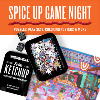 Promotional banner for game night with Whataburger spicy ketchup-themed puzzle.
