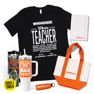 Collection of Whataburger branded merchandise including a t-shirt, mug, tote bag, and tumblers.