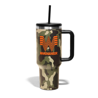 Camouflage-patterned 40oz tumbler with Whataburger logo on a white background