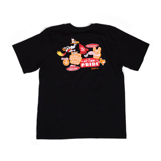 Black t-shirt with colorful graphic design on a white background