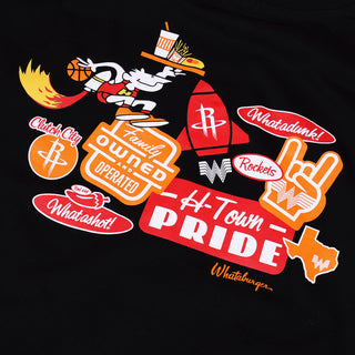 Graphic design with various logos and text on a black background