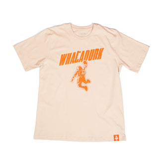 Beige t-shirt with orange graphic and text on a white background