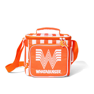 An orange and white striped Igloo x Whataburger insulated lunch bag with a front pocket featuring the brand's logo and a small decorative character charm, shown on a white background.