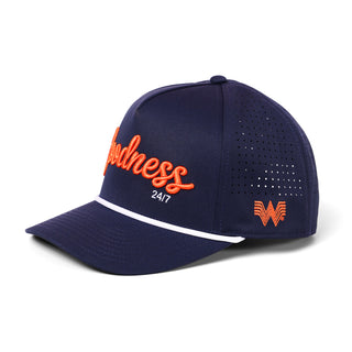 Navy blue cap with orange text and logo on a white background