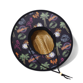 Colorful hat with Whataburger branding and tropical patterns on a white background