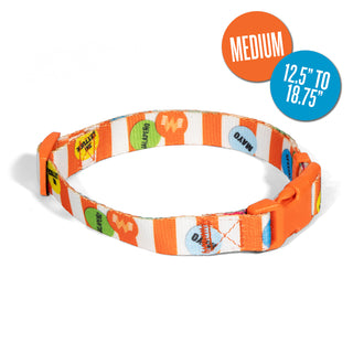 An orange and white striped dog collar with colorful cartoon-style labels, shown on a white background with two circular callout graphics reading 'MEDIUM' and '12.5 inches TO 18.75 inches'.