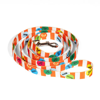 A dog leash with a silver metal clasp, featuring a white and orange striped pattern with colorful day dot stickers, shown on a plain white background.