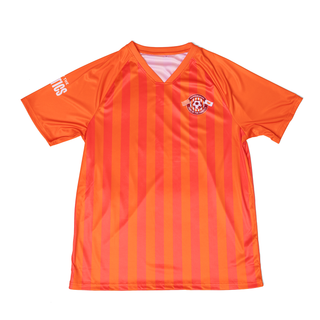 Orange soccer jersey with a logo on a white background