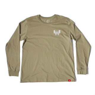 Mossy green long-sleeve shirt with a logo on a white background