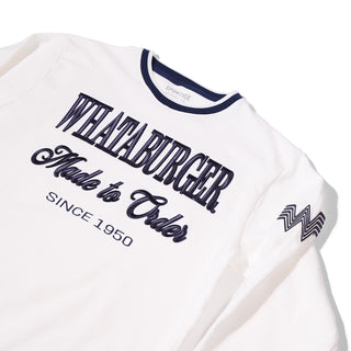 White sweatshirt with 'What a Burger' text and logo on a white background