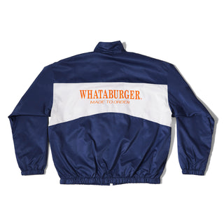 Navy and white jacket with 'Whataburger' logo on a white background