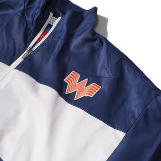 Blue and white jacket with a logo on a white background